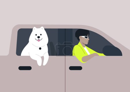 Illustration for A fluffy white Samoyed leans out the open window of a modern pickup truck, relishing the fresh breeze while its human companion focuses on driving, The serene light indicates a bright, sun-filled day - Royalty Free Image