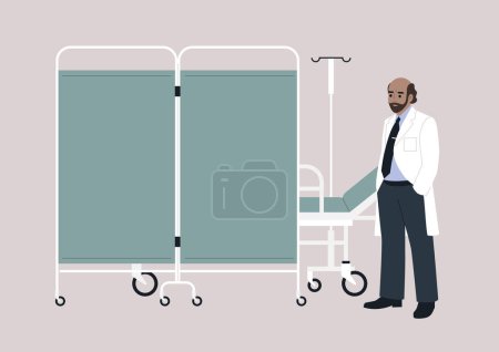 Un tabique de pantalla de hospital sobre ruedas, una cama médica detrás de un separador de habitaciones, un médico maduro con uniforme