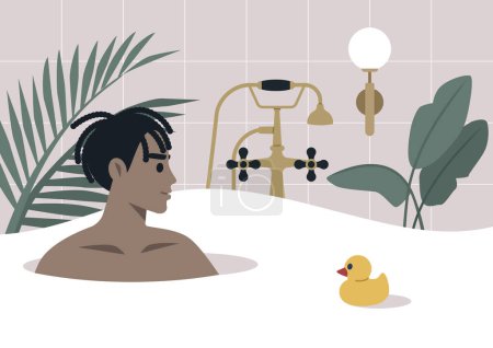 Ilustración de Sumérjase en una bañera elegante en medio de una exuberante vegetación, una persona se relaja en una bañera llena de espuma con un pato de goma, rodeada de plantas interiores y elegantes accesorios - Imagen libre de derechos