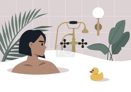 Illustration for Serene Soak in a Stylish Bathtub Amidst Lush Greenery, a person relaxes in a foam-filled tub with a rubber duck, surrounded by indoor plants and elegant fixtures - Royalty Free Image