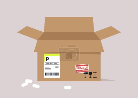 Una caja de cartón abierta y vacía marcada con etiquetas frágiles y prioritarias