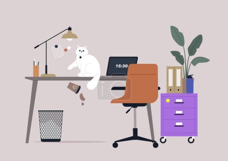 Illustration for Mischief at the Modern Home Office, Cat Tumbles Coffee During Work Hours, A curious pet knocks over a to-go paper cup on a sleek desk - Royalty Free Image