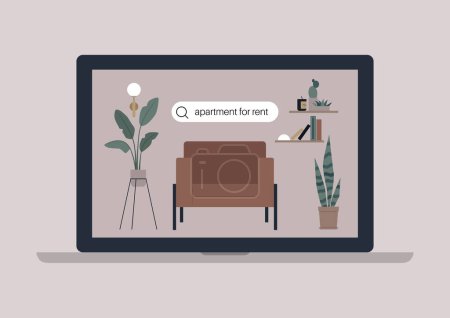 Digital Quest for a Cozy Apartment Space, Una pantalla de ordenador portátil muestra una búsqueda de un apartamento de alquiler en medio de un entorno tranquilo hogar