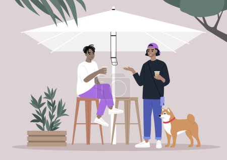Ilustración de Tarde serena en un patio trasero reuniéndose con amigos y un Shiba Inu, dos personajes disfrutando de una conversación con un perro a su lado bajo la sombra de un paraguas - Imagen libre de derechos