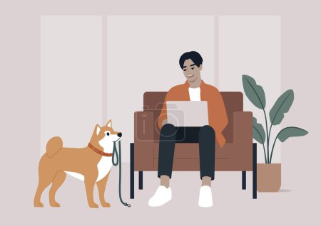 Illustration for During a crucial business call, the character's Shiba Inu persistently tries to grab their attention by bringing a leash, hinting at a longing for a walk outside - Royalty Free Image