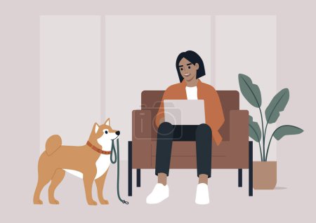 During a crucial business call, the character's Shiba Inu persistently tries to grab their attention by bringing a leash, hinting at a longing for a walk outside