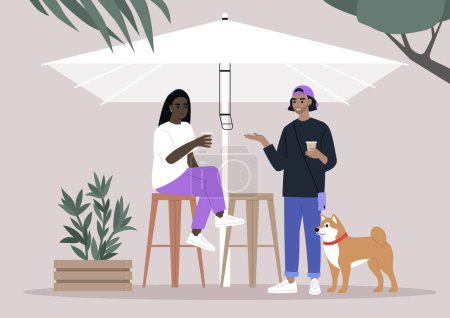 Ilustración de Tarde serena en un patio trasero reuniéndose con amigos y un Shiba Inu, dos personajes disfrutando de una conversación con un perro a su lado bajo la sombra de un paraguas - Imagen libre de derechos