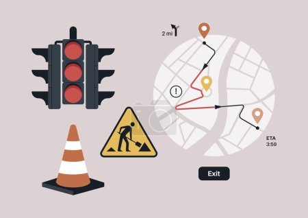 Illustration for Anticipating Delays on the road, A stylized depiction of city navigation with traffic signals, roadwork signage, and a mapped route showing an estimated arrival time - Royalty Free Image