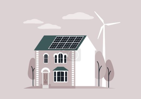 Ilustración de Amanecer sereno en una morada ecológica con paneles solares y turbina eólica, una casa sostenible que aprovecha el poder del sol y el viento - Imagen libre de derechos