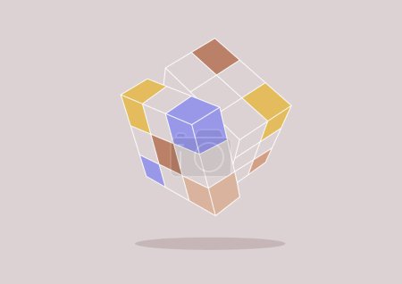 Téléchargez les illustrations : Un Rubiks Cube plane à mi-torsion, les couleurs partiellement alignées - en licence libre de droit