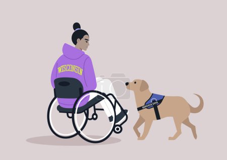 Treuer Diensthund unterstützt Rollstuhlfahrer im Alltag Ein Labrador hilft seinem Herrchen aufmerksam und zeigt das Band der Unterstützung und Kameradschaft