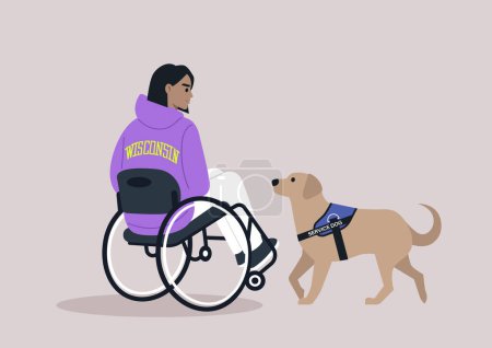 Ilustración de Loyal Service Dog Assisting Usuario de silla de ruedas en la vida cotidiana, un labrador ayuda atentamente a su propietario, mostrando el vínculo de apoyo y compañía - Imagen libre de derechos