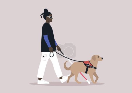 Illustration for A young person with visual impairment walks confidently with a white cane and their guide dog by their side - Royalty Free Image