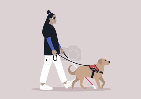 Illustration for A young person with visual impairment walks confidently with a white cane and their guide dog by their side - Royalty Free Image