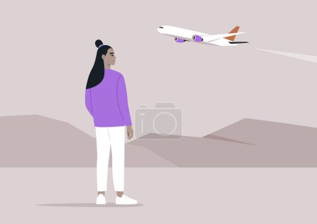 Heitere Flugbeobachtung in der Dämmerung, eine einsame Gestalt steht und beobachtet, wie ein Flugzeug gegen einen düsteren Himmel aufsteigt