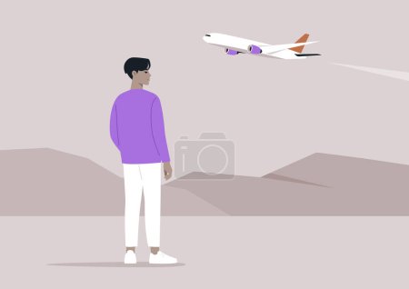 Serene Flight Observation at Dusk, A lone figure stands watching a plane ascend against a dusky sky