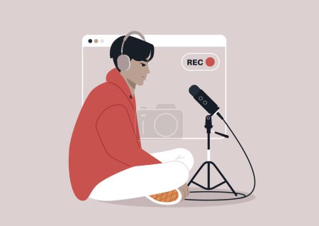 Illustration for Casual Home Podcast Recording in Progress, An individual slouches comfortably while recording a new episode, capturing a relaxed, creative moment - Royalty Free Image