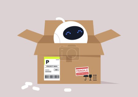 Sentient Robot assistant Unboxed in New Home, Un assistant AI fraîchement déballé avec des yeux larges regarde hors de sa boîte en carton