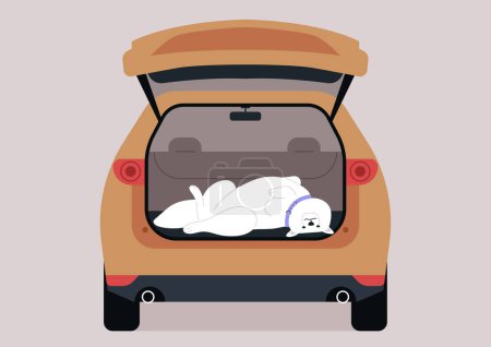 Fluffy Samoyed Relaxing in the Trunk of a Car, A serene dog lounges comfortably in an open car