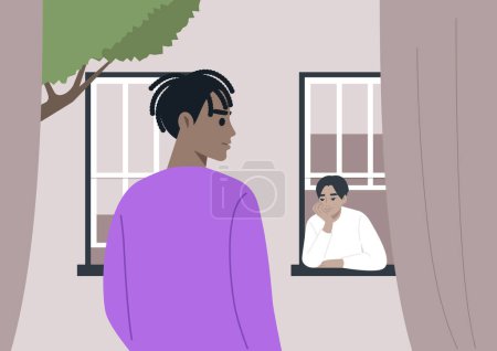 Serene Suburban Encounter, A tranquil moment as two neighbors engage in a silent exchange, each framed by their own window