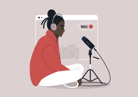 Illustration for Casual Home Podcast Recording in Progress, An individual slouches comfortably while recording a new episode, capturing a relaxed, creative moment - Royalty Free Image