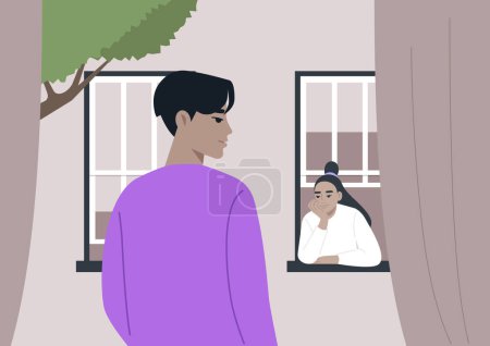 Serene Suburban Encounter, A tranquil moment as two neighbors engage in a silent exchange, each framed by their own window