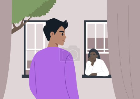 Illustration for Serene Suburban Encounter, A tranquil moment as two neighbors engage in a silent exchange, each framed by their own window - Royalty Free Image