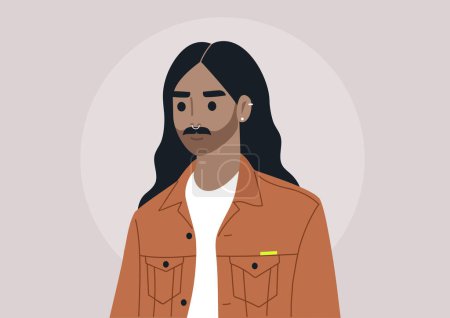 Illustration for A Portrait of a Man With Long Waves, A calm young character with flowing wavy hair and a septum ring, clad in a stylish orange jacket - Royalty Free Image