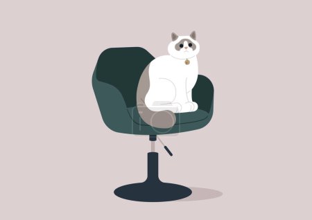 Illustration for A poised ragdoll cat sits elegantly atop a modern office chair - Royalty Free Image
