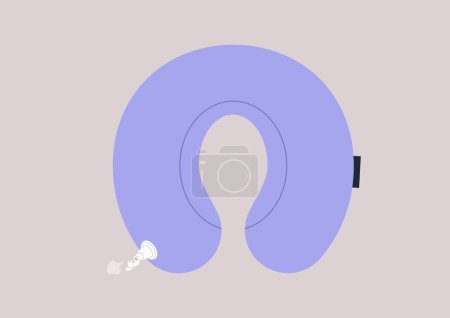 Ilustración de Molesto Slumber con una almohada de viaje de lavanda soplando aire a través de la válvula de inflado - Imagen libre de derechos