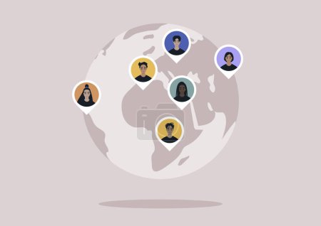 Globale Verbindungen, verschiedene Avatare vereint auf einer digitalen Erde, eine Vielzahl von Charakternadeln auf einem stilisierten Globus, der die weltweite soziale Interaktion repräsentiert