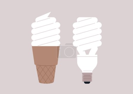Une juxtaposition ludique d'un cône de crème glacée tourbillonnant crémeux à côté d'une ampoule économe en énergie
