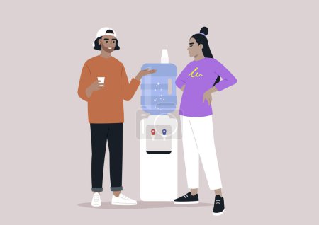 Conversación casual del refrigerador de agua entre colegas, dos profesionales que participan en una charla amistosa por el dispensador de agua de la oficina