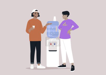 Conversación casual del refrigerador de agua entre colegas, dos profesionales que participan en una charla amistosa por el dispensador de agua de la oficina