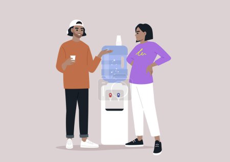 Casual Water Cooler Conversation Between Colleagues, Two professionals engaged in a friendly chat by the office water dispenser