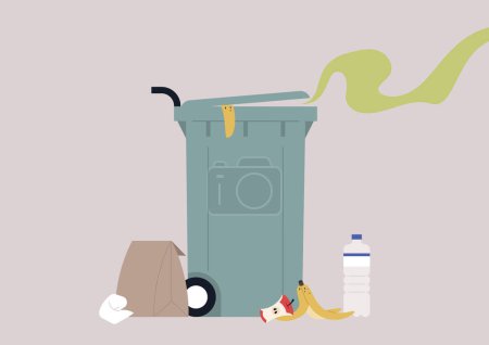 Illustration for Whiff of Waste, Overflowing Trash Bin on Collection Day, An overfilled trash can emits an odorous trail with refuse spilling onto the ground - Royalty Free Image