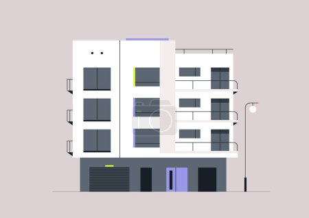 Urban Serenity, ein modernes Eigentumswohnung-Gebäude, ein ruhiges modernes Haus steht vor einem schlichten Hintergrund