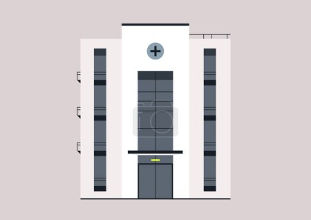 Illustration for Modern Health Clinics, A Sanctuary of Healing, A sleek hospital facade stands against a plain backdrop, signaling care within - Royalty Free Image