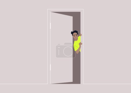 Une personne qui regarde à travers une porte ouverte, Un jeune personnage regarde autour d'une porte, curiosité dans leur regard