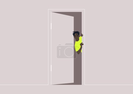 A person Peeking Through an Open Doorway, A young character peeks around a door, curiosity in their gaze