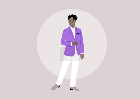 Illustration for A stylish character in a vivid purple jacket and crisp white pants performing on a stage - Royalty Free Image