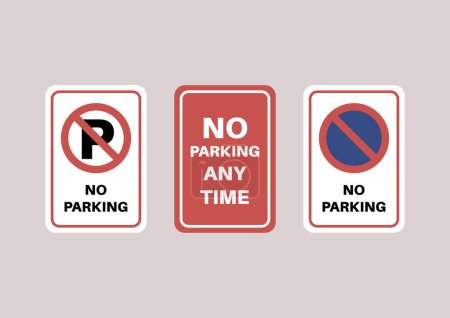 Eine Reihe von Verordnungen, Parkverbotsschilder vor neutralem Hintergrund, eine Sammlung unterschiedlicher Verkehrszeichen, die Verkehrsregeln vermitteln