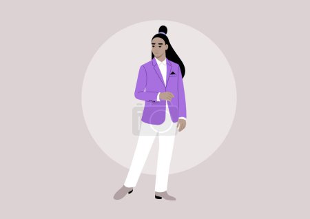 Téléchargez les illustrations : Un personnage élégant dans une veste violette vive et un pantalon blanc vif performant sur une scène - en licence libre de droit