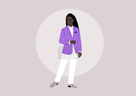 Téléchargez les illustrations : Un personnage élégant dans une veste violette vive et un pantalon blanc vif performant sur une scène - en licence libre de droit