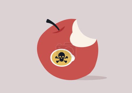 Illustration for Forbidden Fruit, The Allure of a poisoned Apple, A bright red apple with a bite taken out reveals a sinister skull and bones symbol - Royalty Free Image