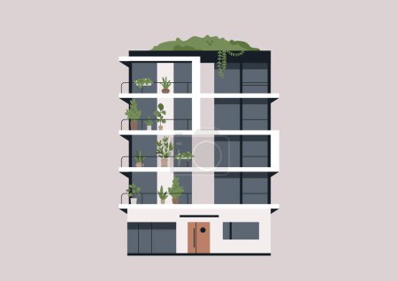 Urban Oasis, Verdant Balconies Adorn a Modern Condo at Twilight, A modern housing estate becomes a vertical garden with lush plants on each balcony