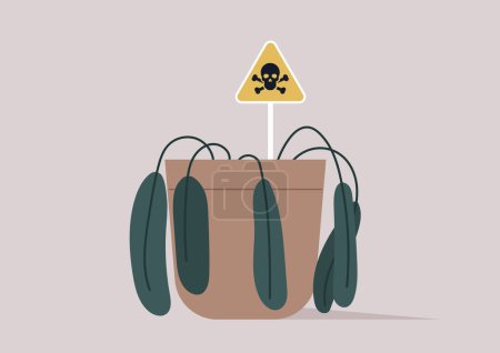 Wilting Potted Plant droops listlessly, overshadowed by a cautionary skull-shaped Warning Sign