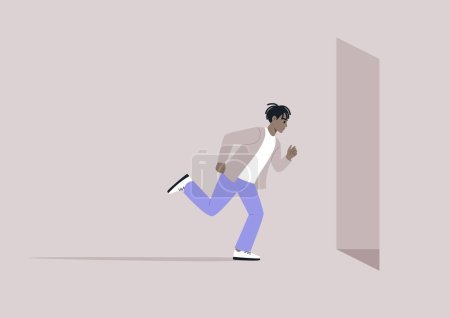 Illustration for Sprint to Success, a character rushes through a stylized doorway, embodying ambition and drive - Royalty Free Image