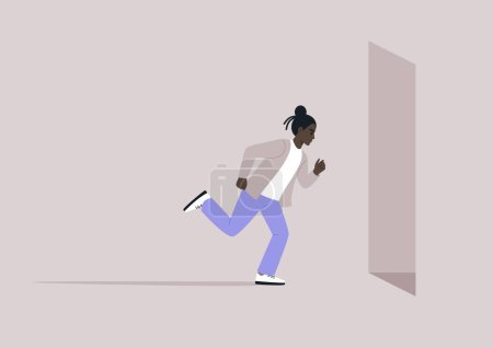 Sprint to Success, a character rushes through a stylized doorway, embodying ambition and drive