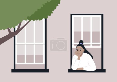 Illustration for Serene Contemplation, Neighbor at the Windowsill, A person rests their chin on their hand, gazing outward from a window, as dusk settles in the city - Royalty Free Image